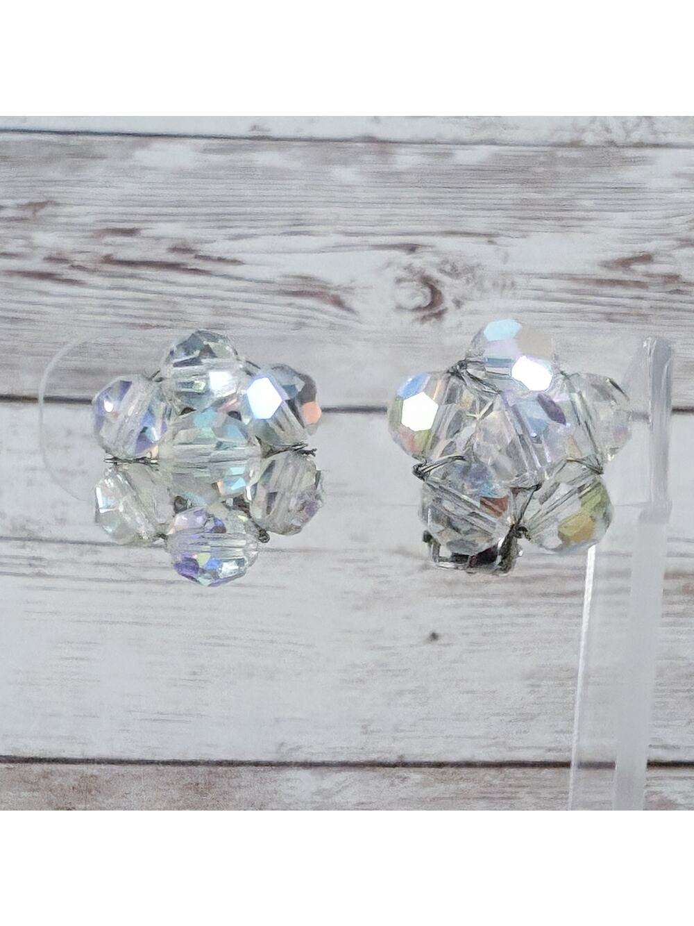 Vintage Clip On Earrings - Mismatched - Iridescent Cluster Earrings
